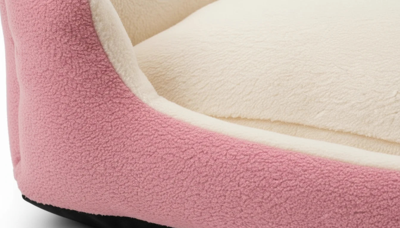 Close-up of pink and white plush fabric with black base on a white background