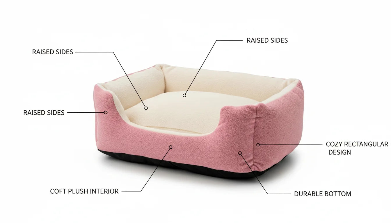 Pink pet bed with raised sides and soft plush interior for comfort and support