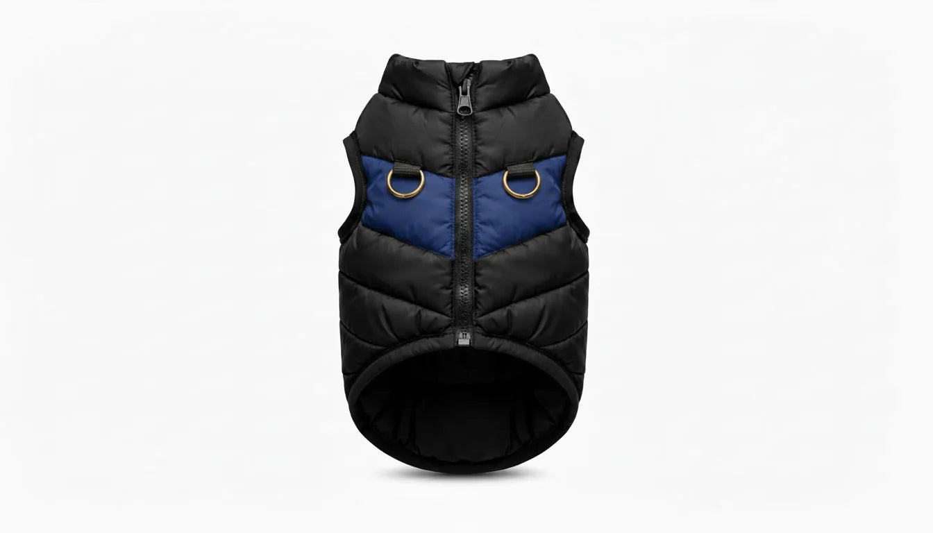 Black and blue dog puffer vest with gold rings on a white background