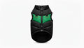 Black and green dog puffer vest with gold rings on a white background