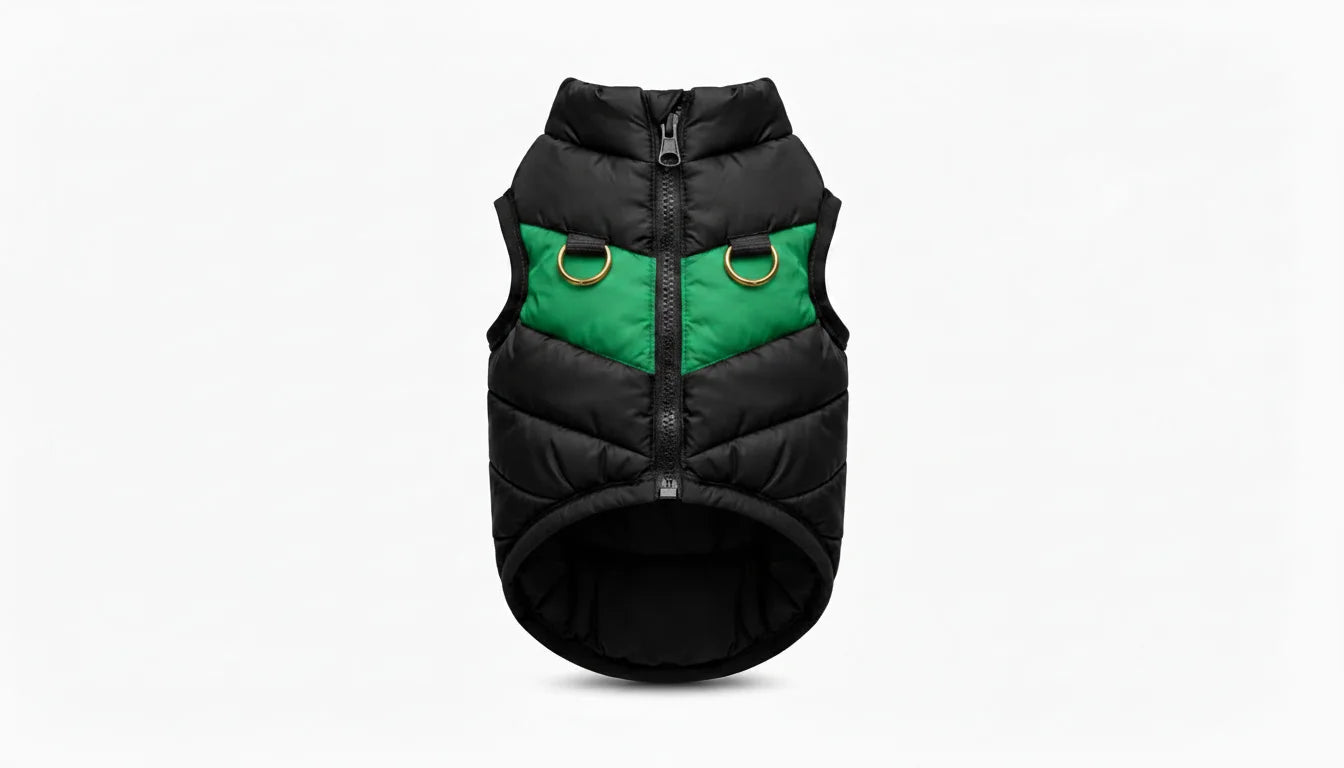 Black and green dog puffer vest with gold rings on a white background