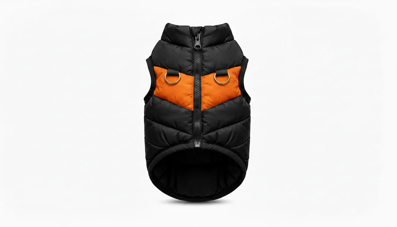 Black and orange dog vest with puffy design and zipper closure on white background