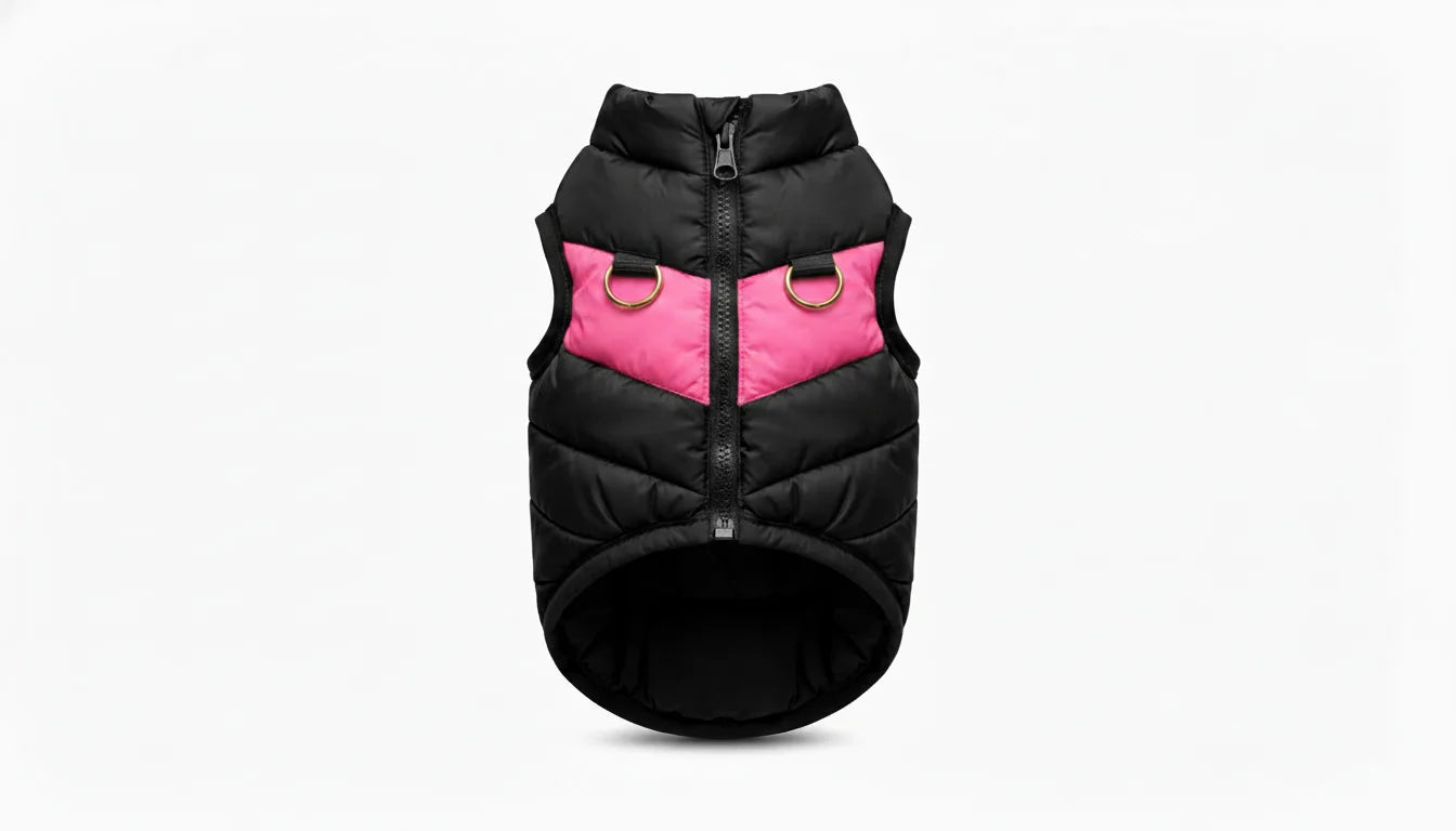 Black and pink dog vest with zipper and D-rings on a white background