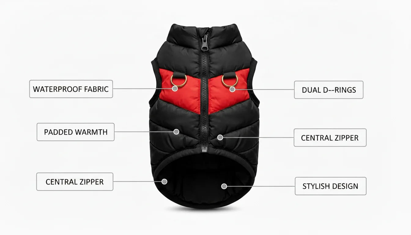 Black and red dog puffer vest with waterproof fabric and central zipper closure