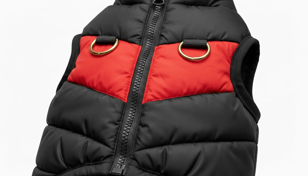 Black and red puffer vest with gold buckles and zipper on white background