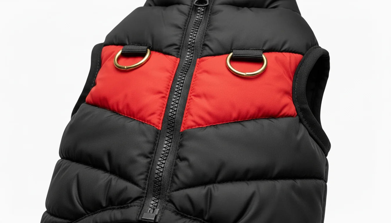 Black and red puffer vest with gold buckles and zipper on white background