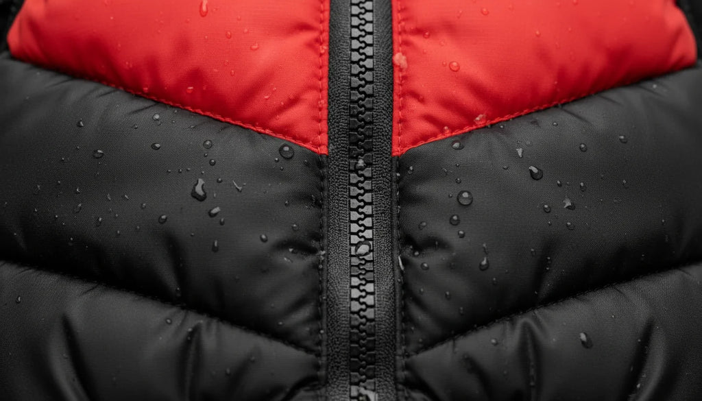 Close-up of a black and red puffer jacket with water droplets on its surface and a central zipper