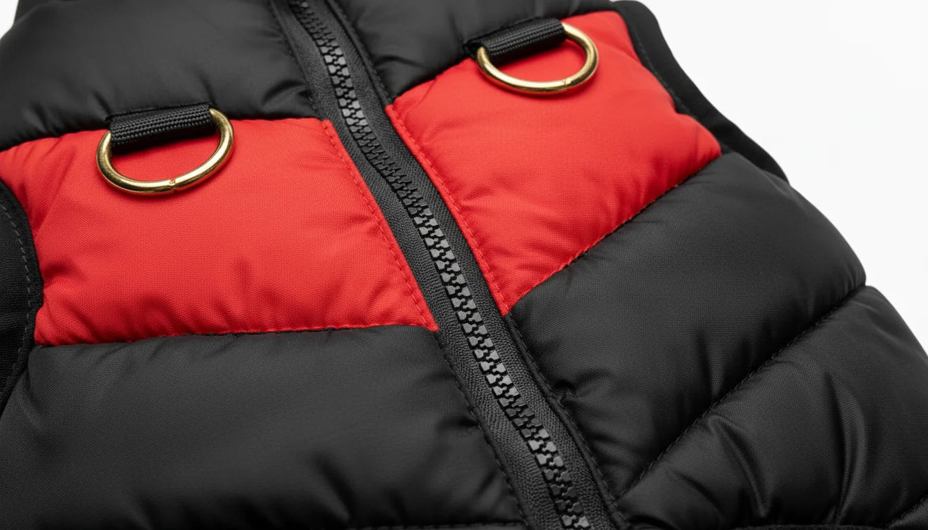 Close-up of black and red puffer jacket with gold buckles and zipper detail