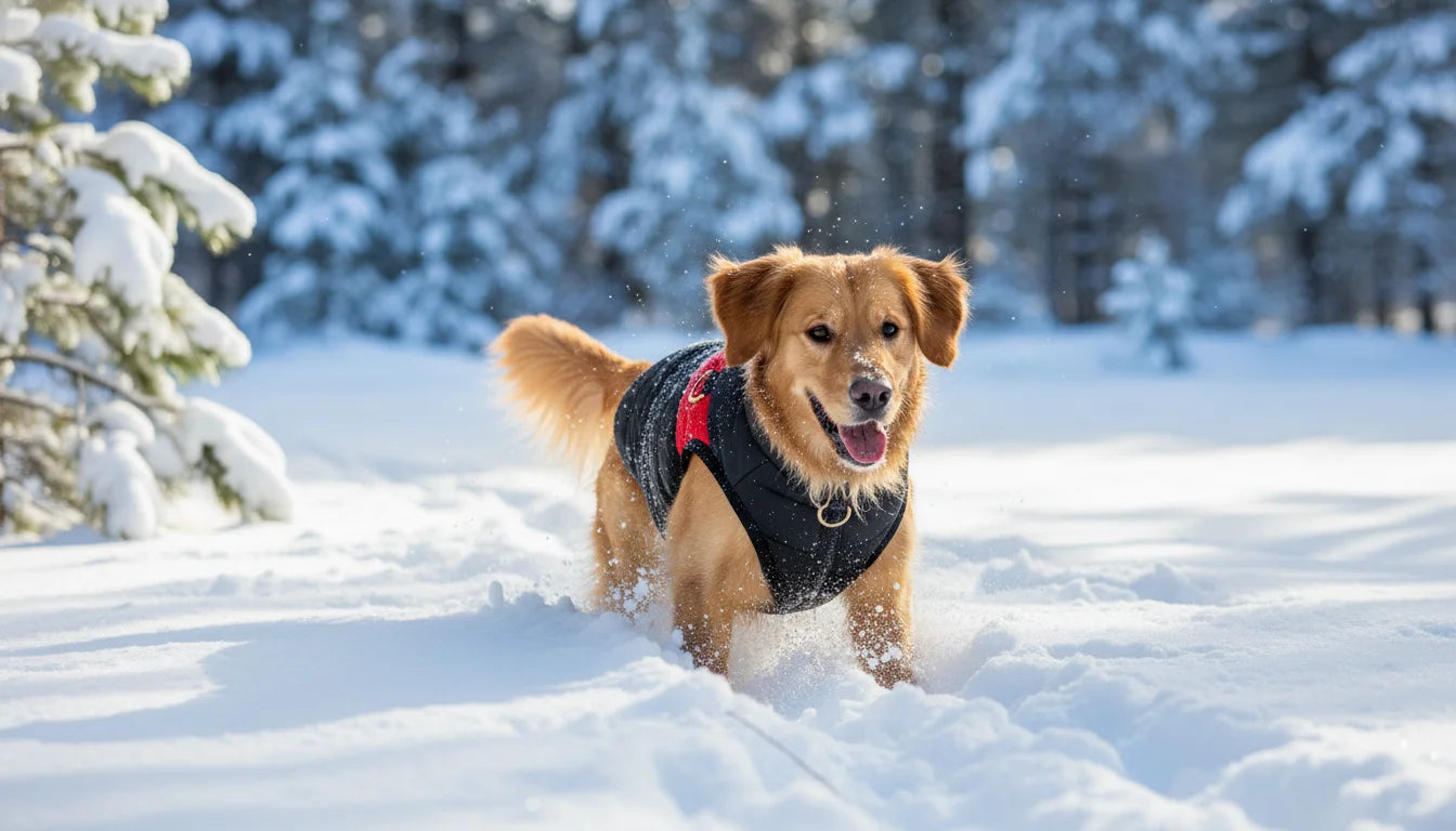Golden retriever dog wearing a black and red harness runs playfully through deep snow