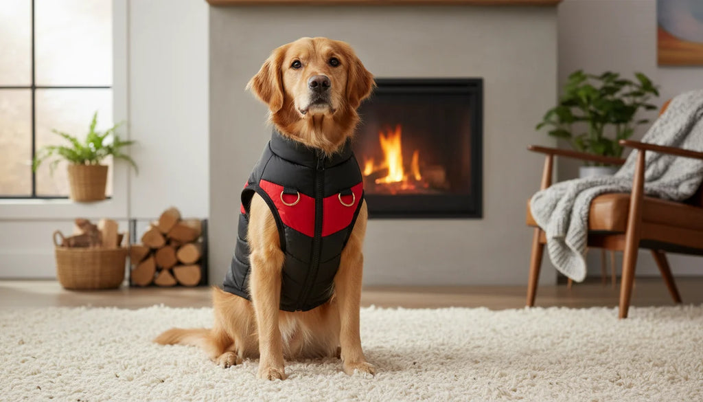 Golden retriever dog wearing black and red vest sitting on white shag rug in front of fireplace