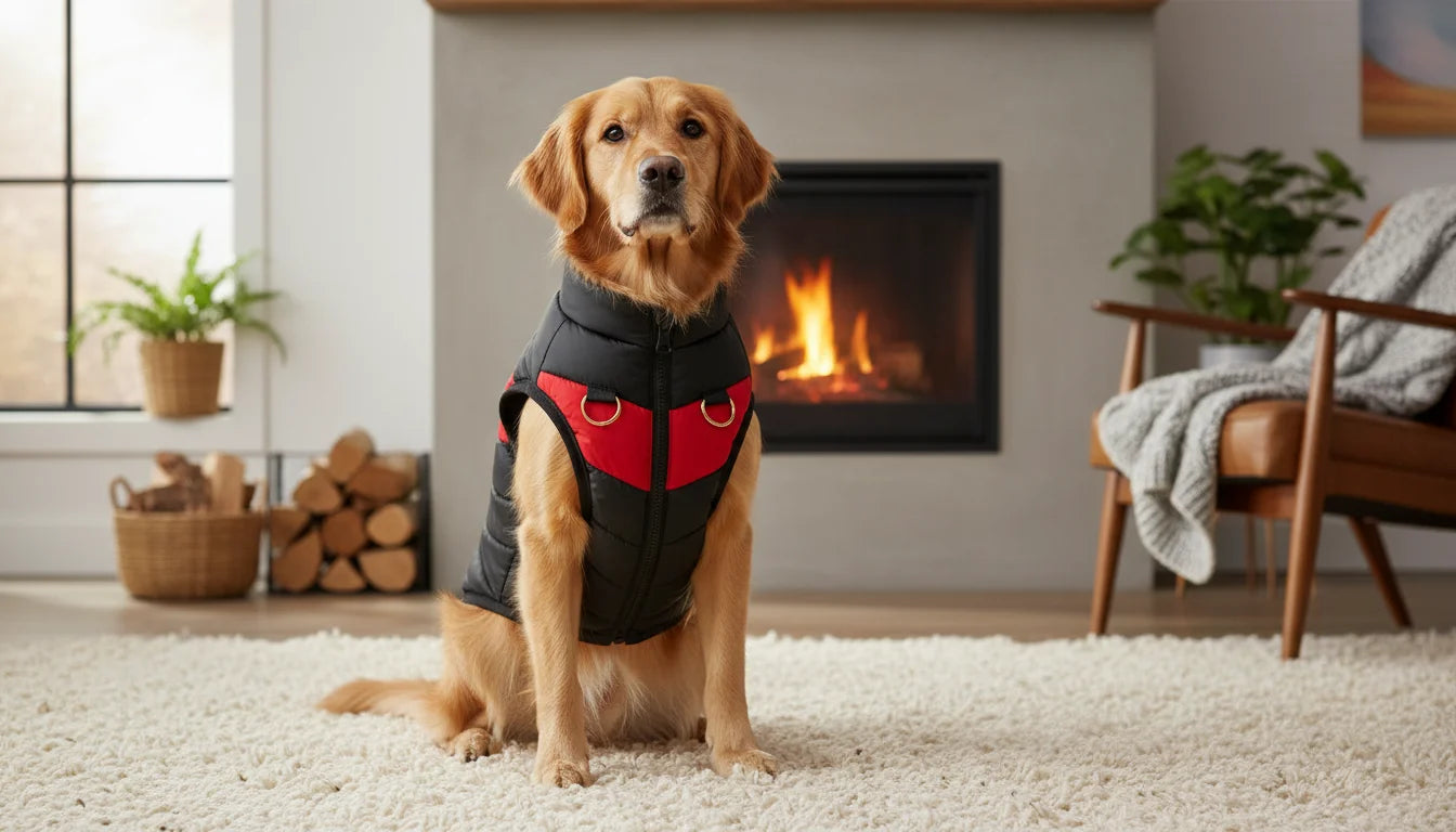 Golden retriever dog wearing black and red vest sitting on white shag rug in front of fireplace