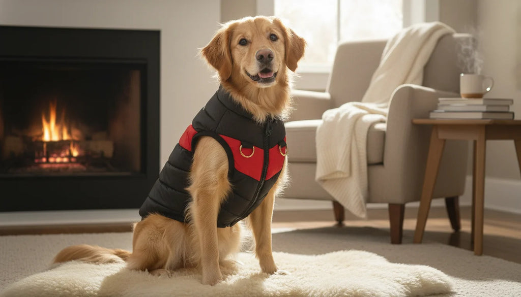 Golden retriever dog wearing black and red vest sitting on white sheepskin rug by fireplace