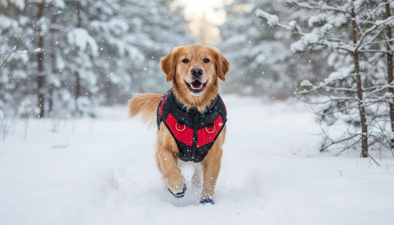 Golden retriever dog wearing red harness runs through snowy forest with trees