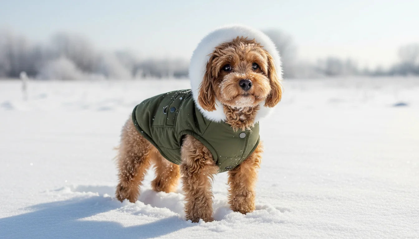 A small brown dog wearing a green winter coat with fur trim stands in the snow