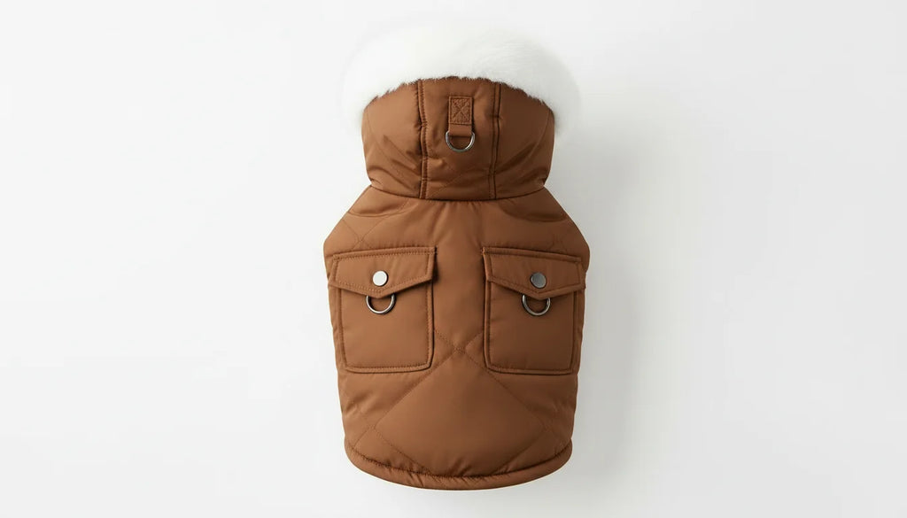 Brown dog coat with white fur trim and two pockets on a white background