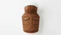 Brown dog coat with white fur trim and two pockets on a white background