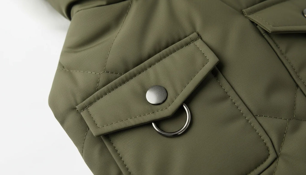 Close-up of olive green quilted jacket with metal snap and ring detail on pocket flap