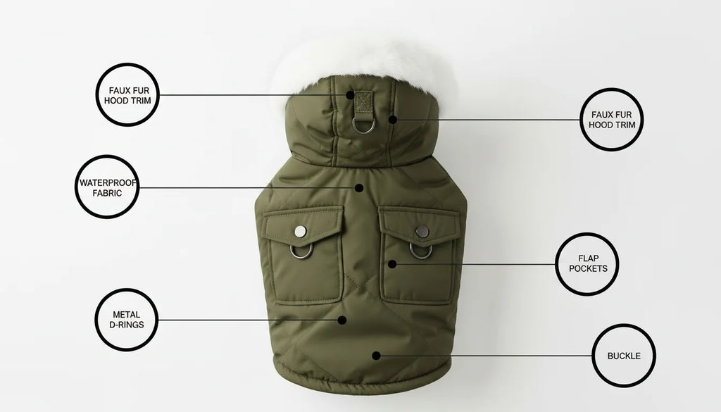 Olive green dog coat with faux fur hood trim and metal D-rings on a white background