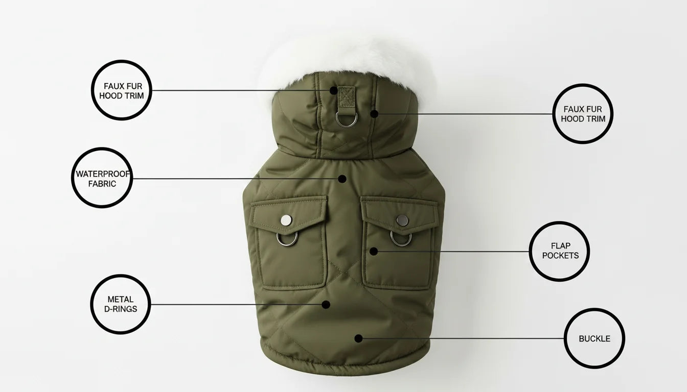 Olive green dog coat with faux fur hood trim and metal D-rings on a white background