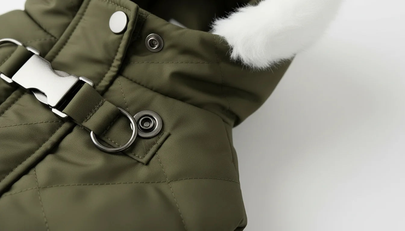 Olive green dog coat with white fur and silver buckle close-up on white background