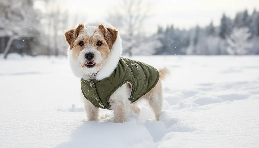 Small dog in green coat with fur trim playing in snowy field with trees in background