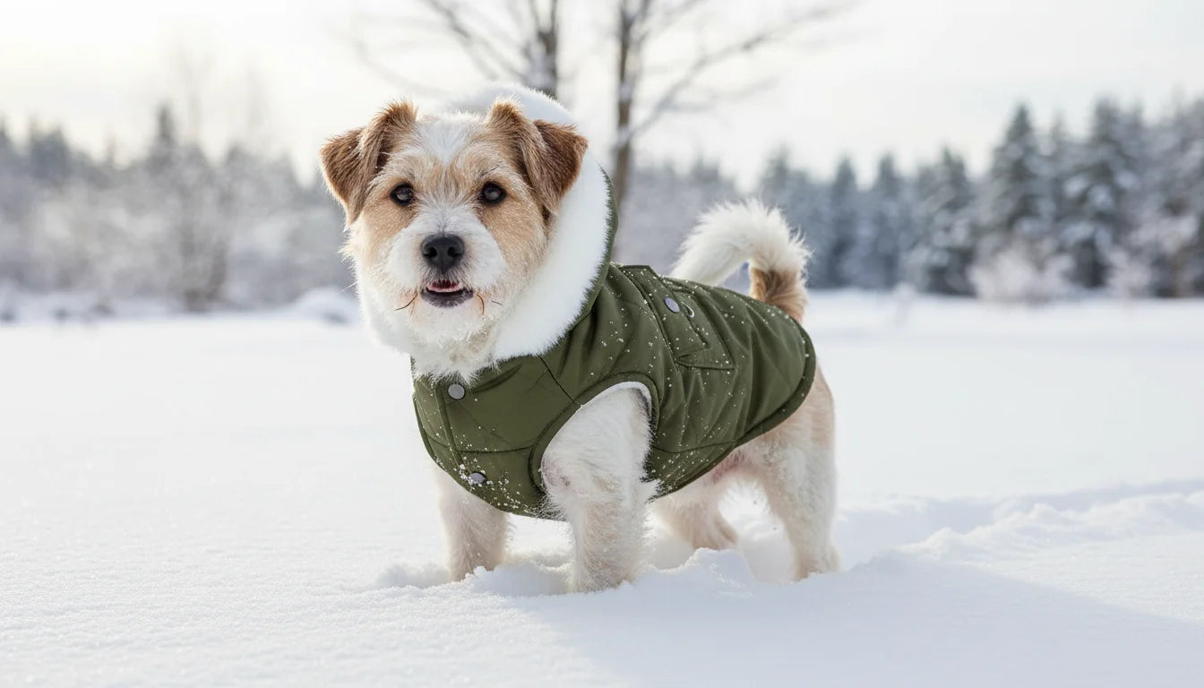 Small white and tan dog wearing green winter coat standing in snow with trees