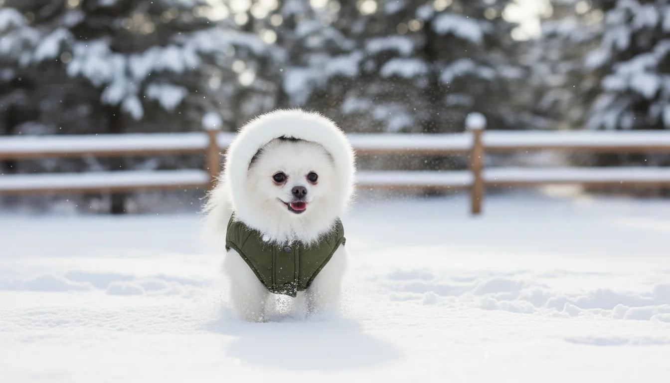 Small white dog wearing green coat and hood runs through snow towards camera with trees and fence