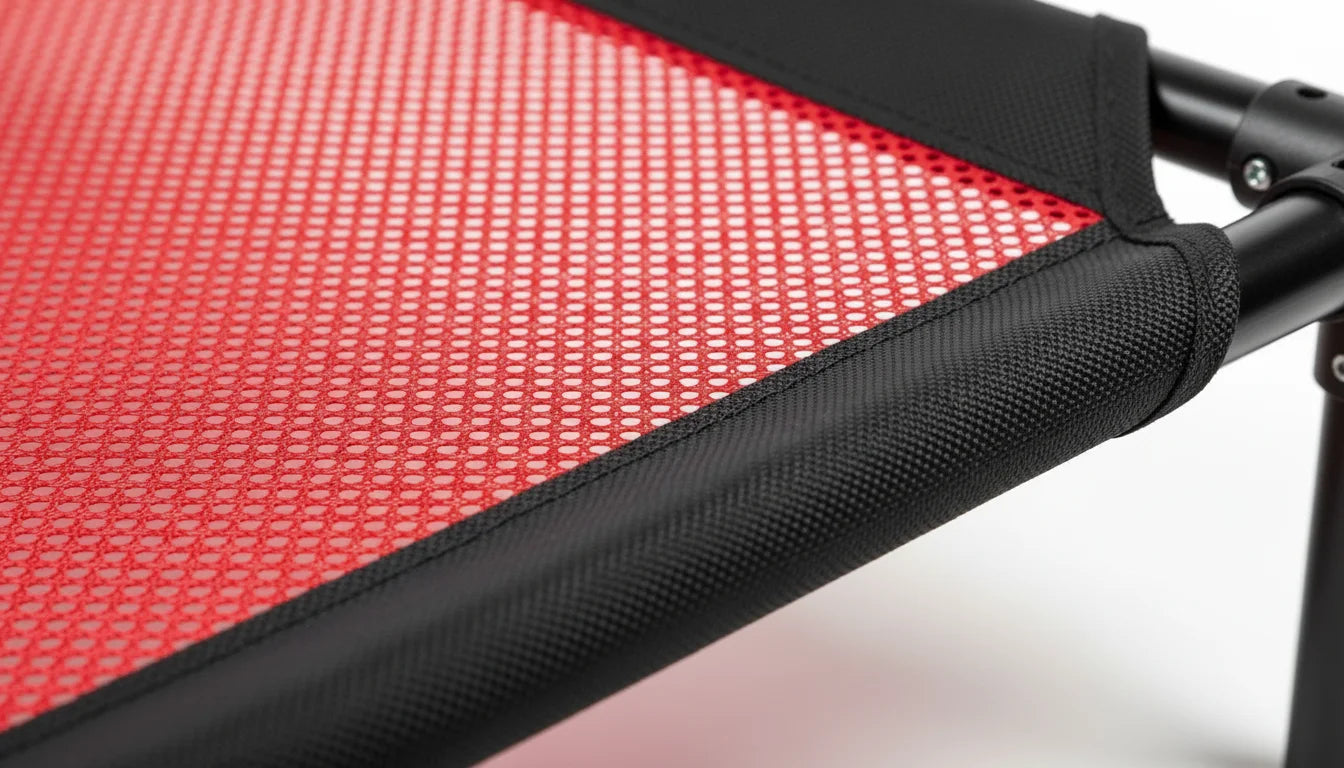 Close-up of red mesh fabric on a black folding chair frame with textured edges and joints