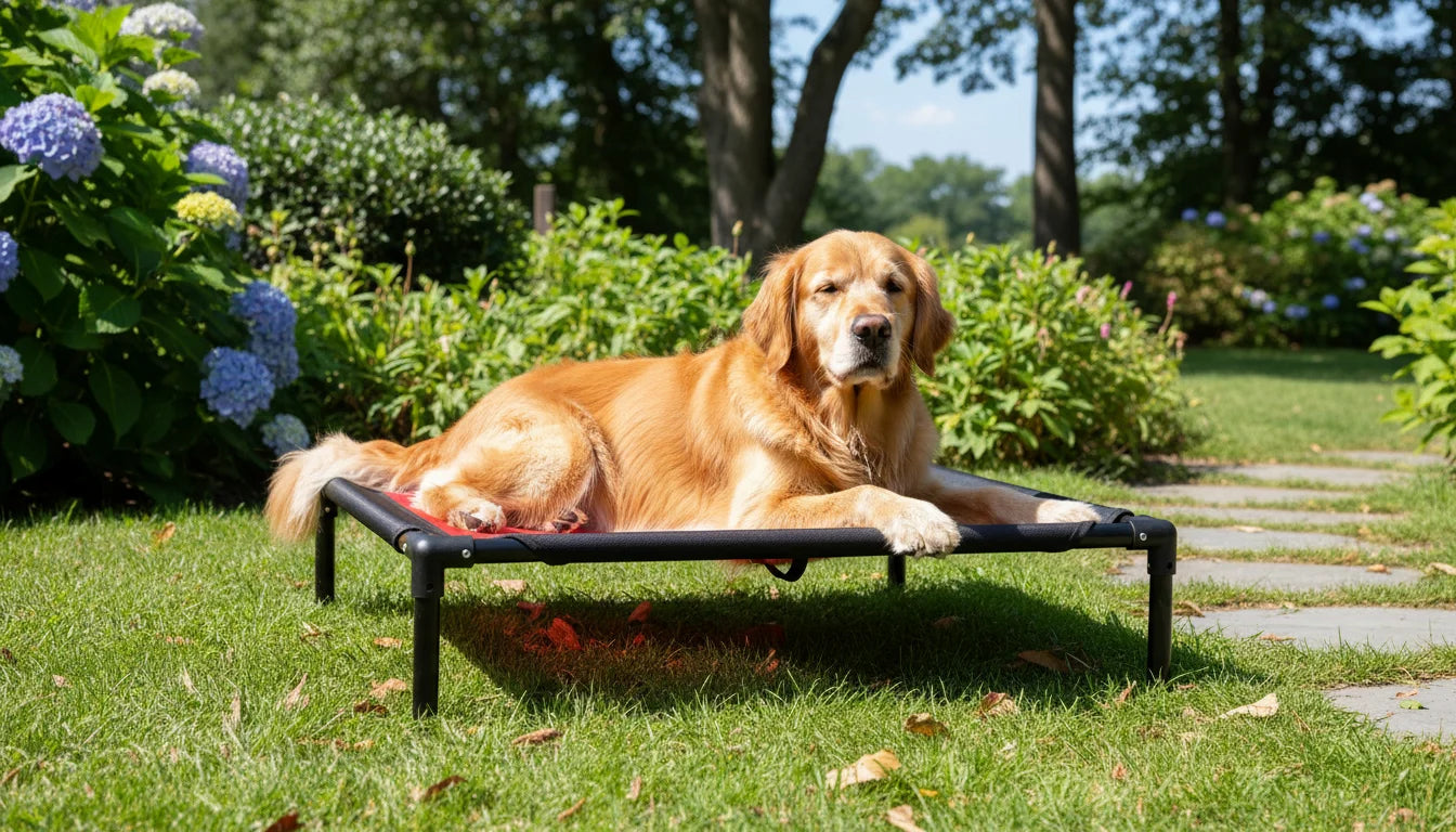 Golden retriever dog lying on elevated dog cot in garden with hydrangeas and trees