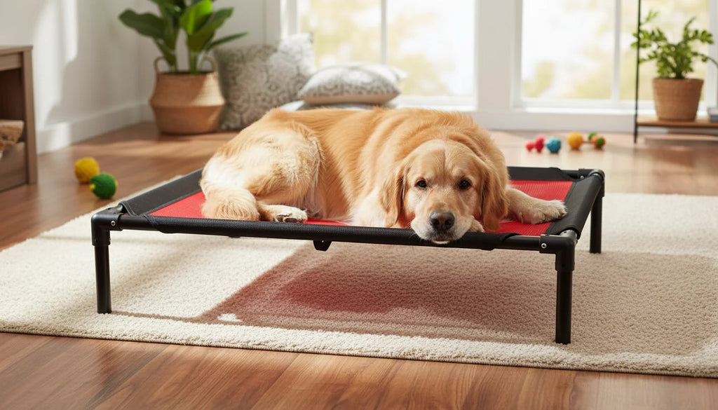 Golden retriever dog lying on elevated red pet cot in living room with toys and plants