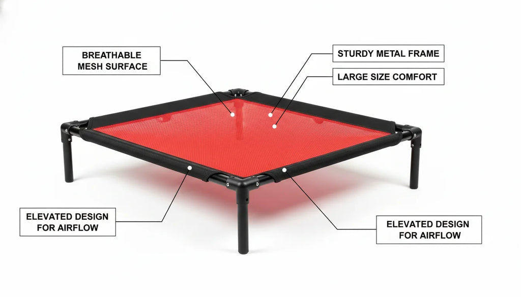 Red elevated pet bed with black metal frame and breathable mesh surface for airflow comfort