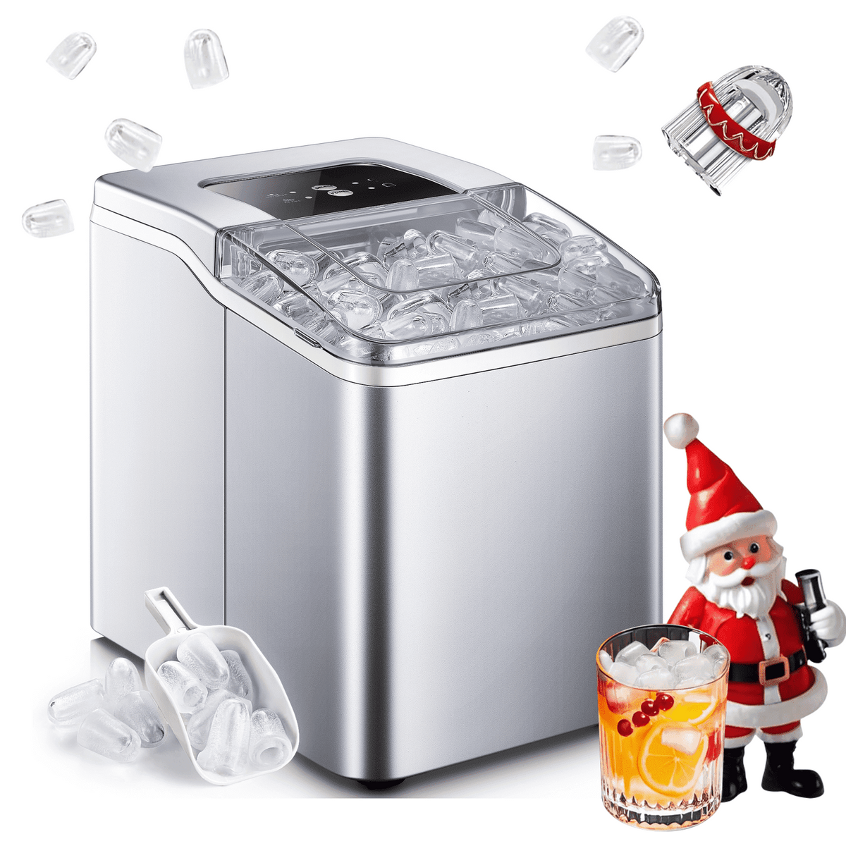 Ice Maker Countertop 2 Ice Sizes, 30 lbs Bullet Ice in 24H, Self-Clean, 9 Cubes in 5 Mins, (Silver)