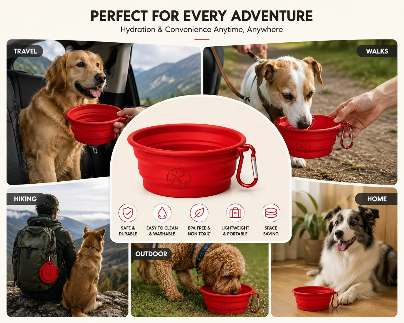 Collapsible red dog bowl for travel, walks, hiking, outdoor use, and home