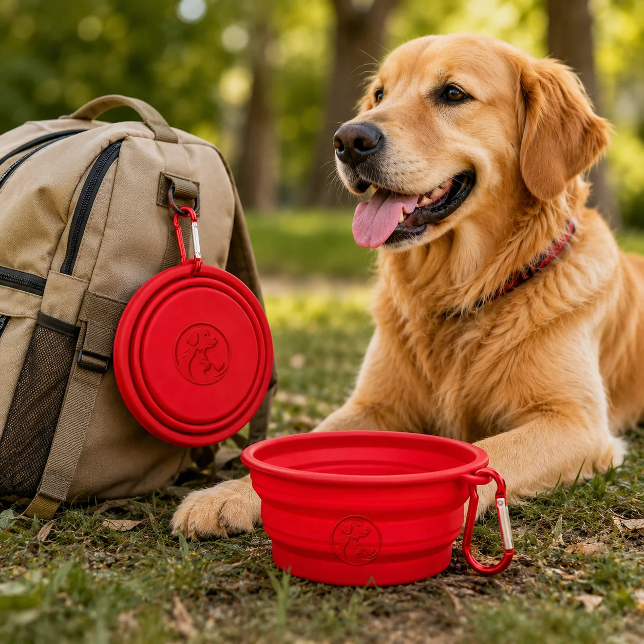 Golden retriever dog lying on grass with red collapsible bowl and tan backpack