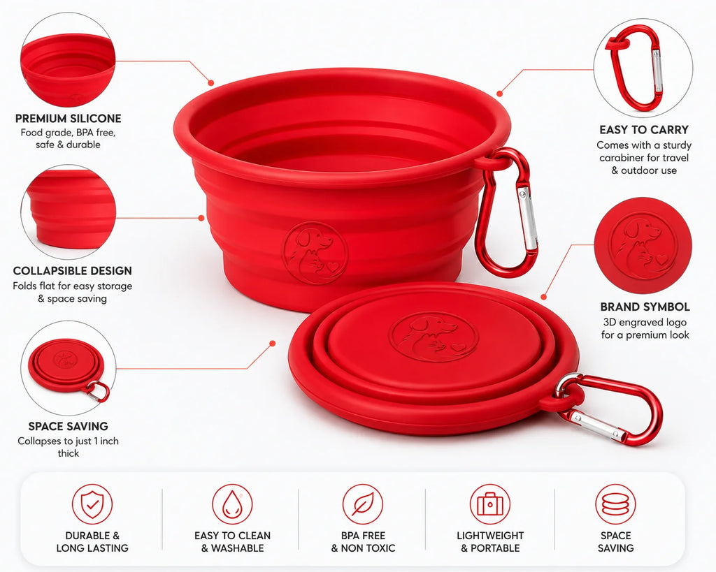 Red collapsible silicone bowl with carabiner and lid, showcasing durable design