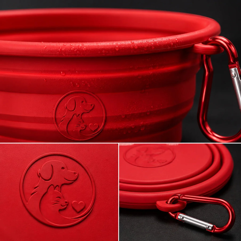 Red collapsible silicone dog bowl with carabiner and animal logo