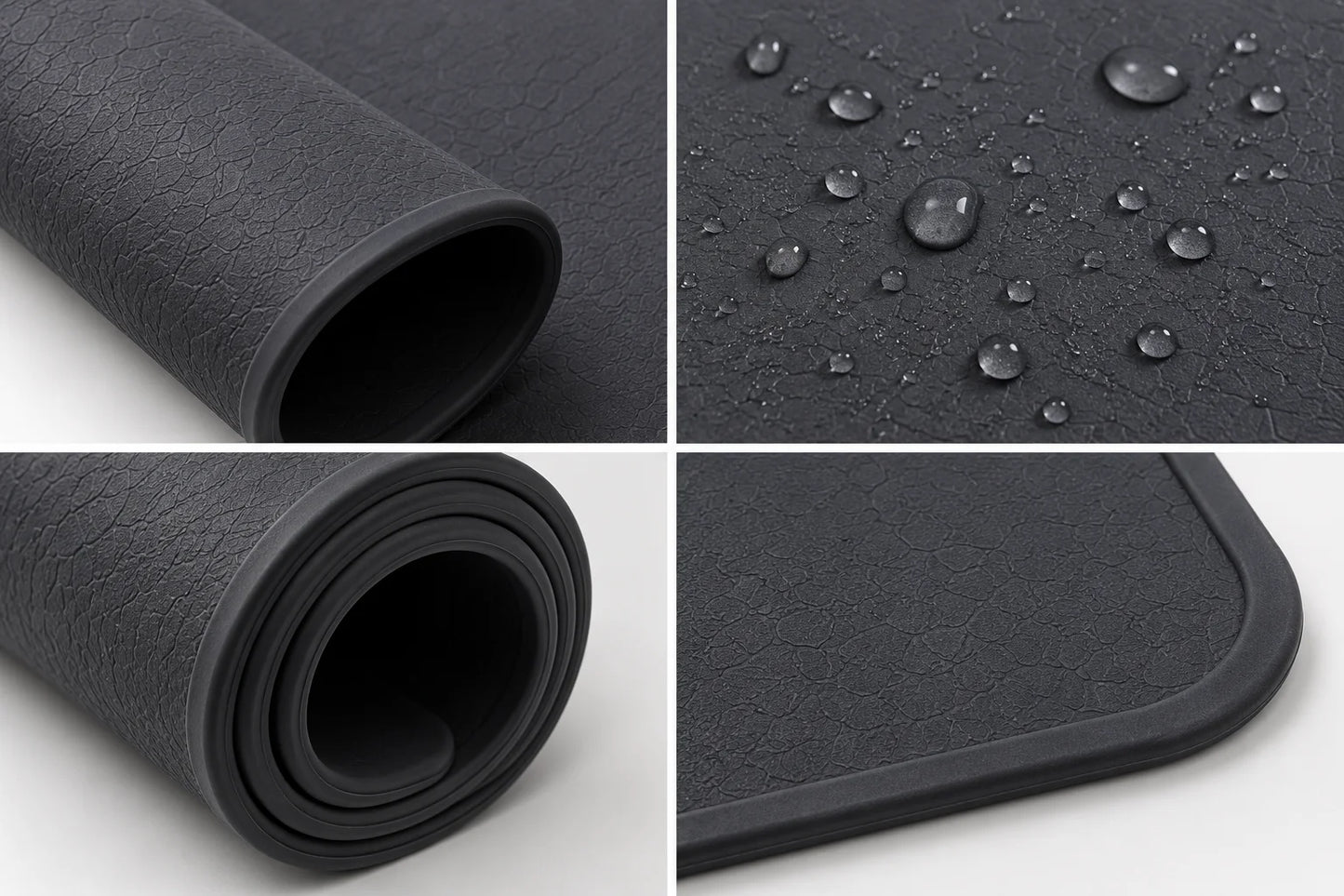 Black rubber mat with water droplets on surface, rolled and unrolled views