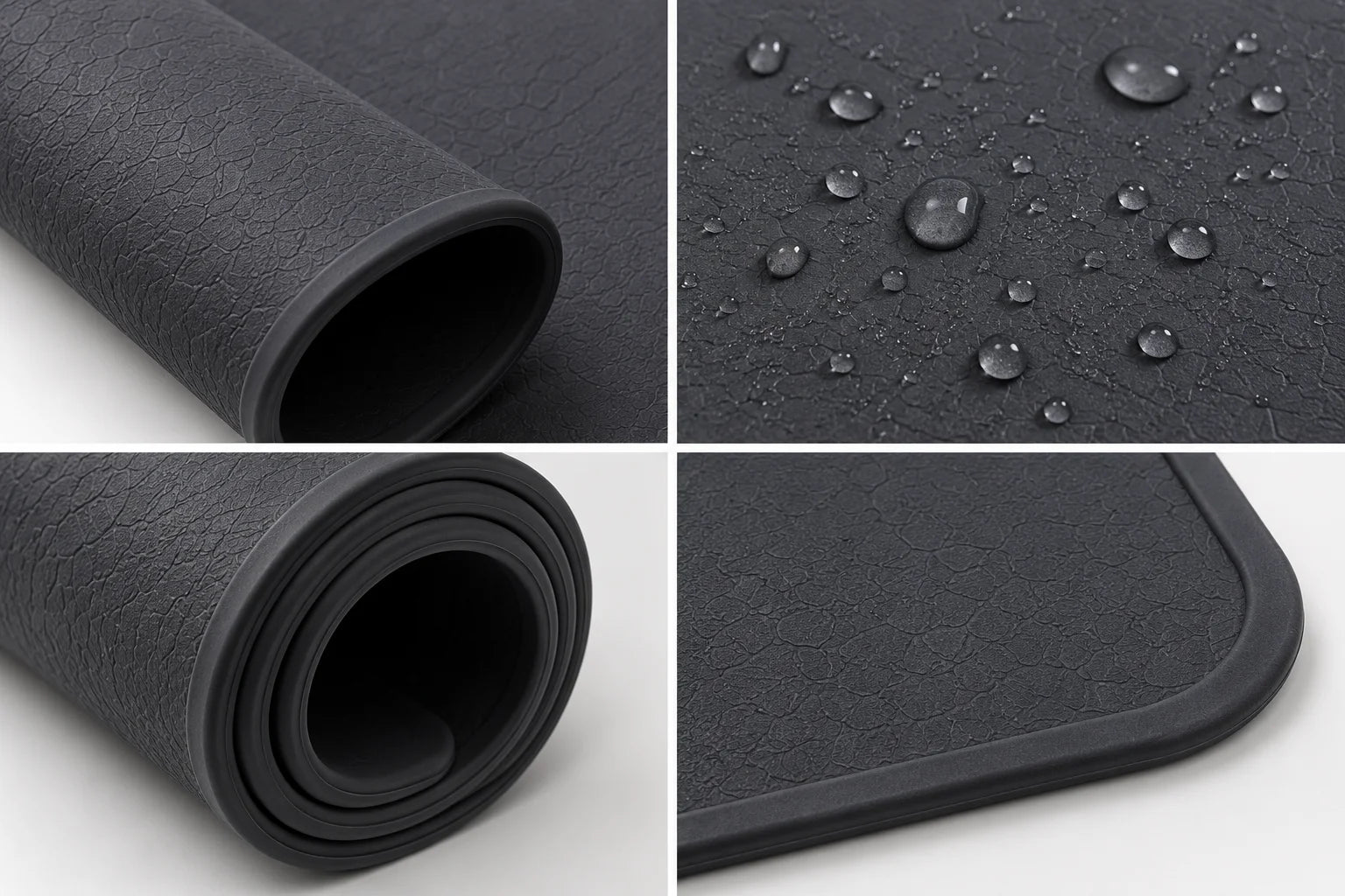 Black rubber mat with water droplets on surface, rolled and unrolled views