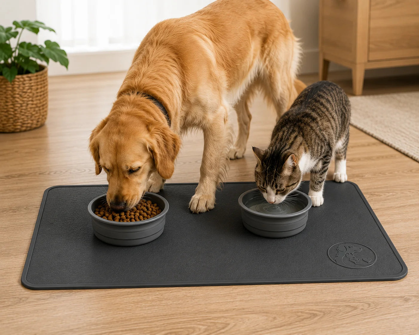 Golden retriever dog and tabby cat eating from bowls on a black mat indoors