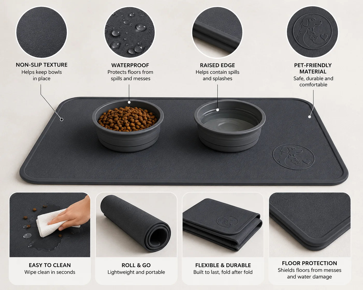 Pet food and water mat with non-slip texture and waterproof surface