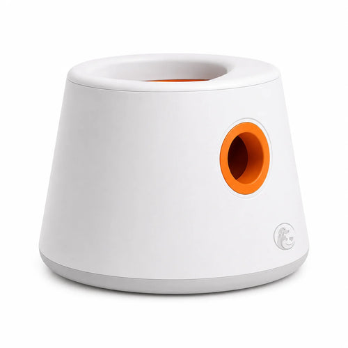 White plastic object with orange hole and logo on side against plain background