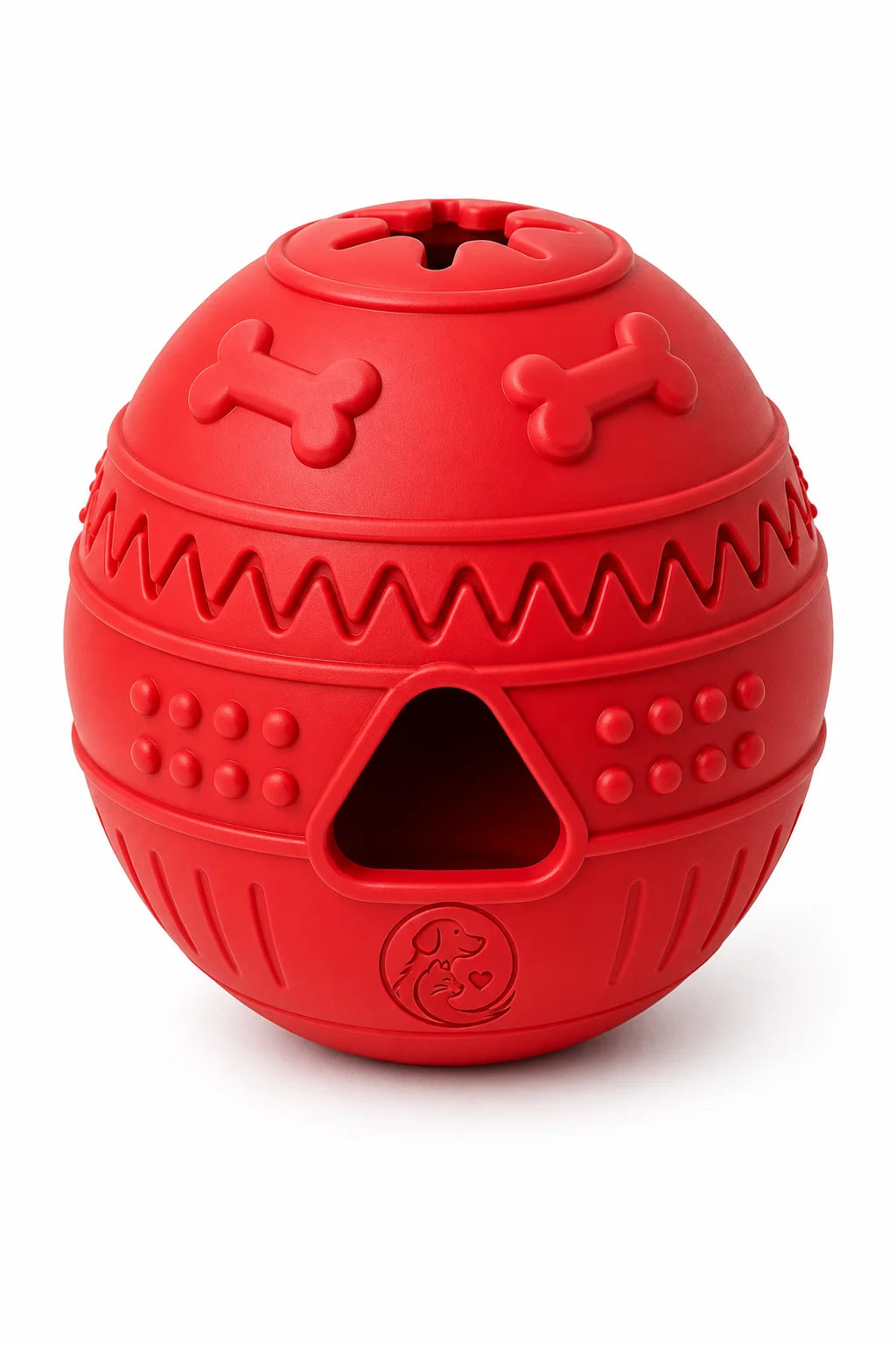 A red rubber dog toy with bone and triangle shaped holes for treat dispensing