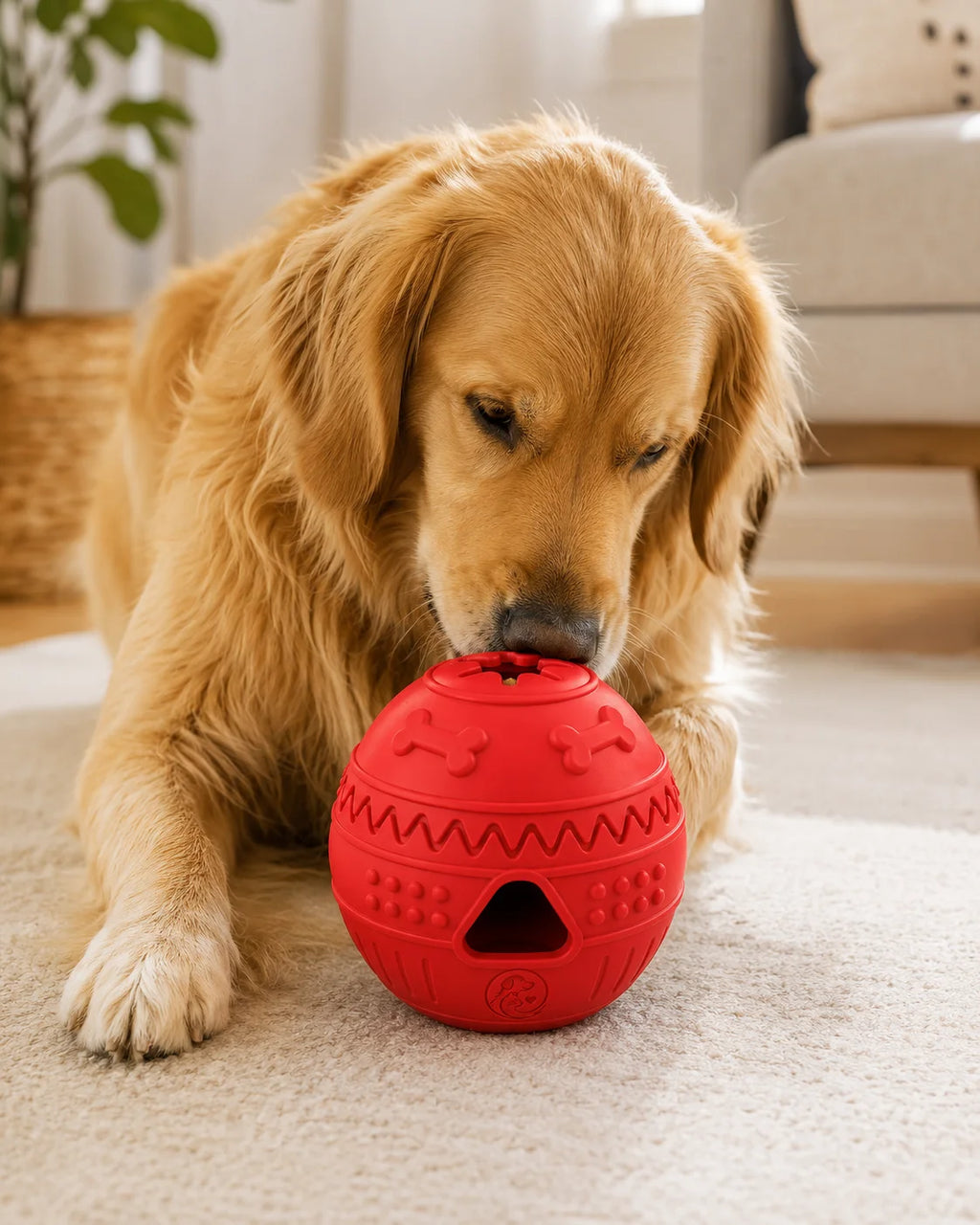 Golden retriever dog playing with a red rubber puzzle toy on a beige carpet indoors