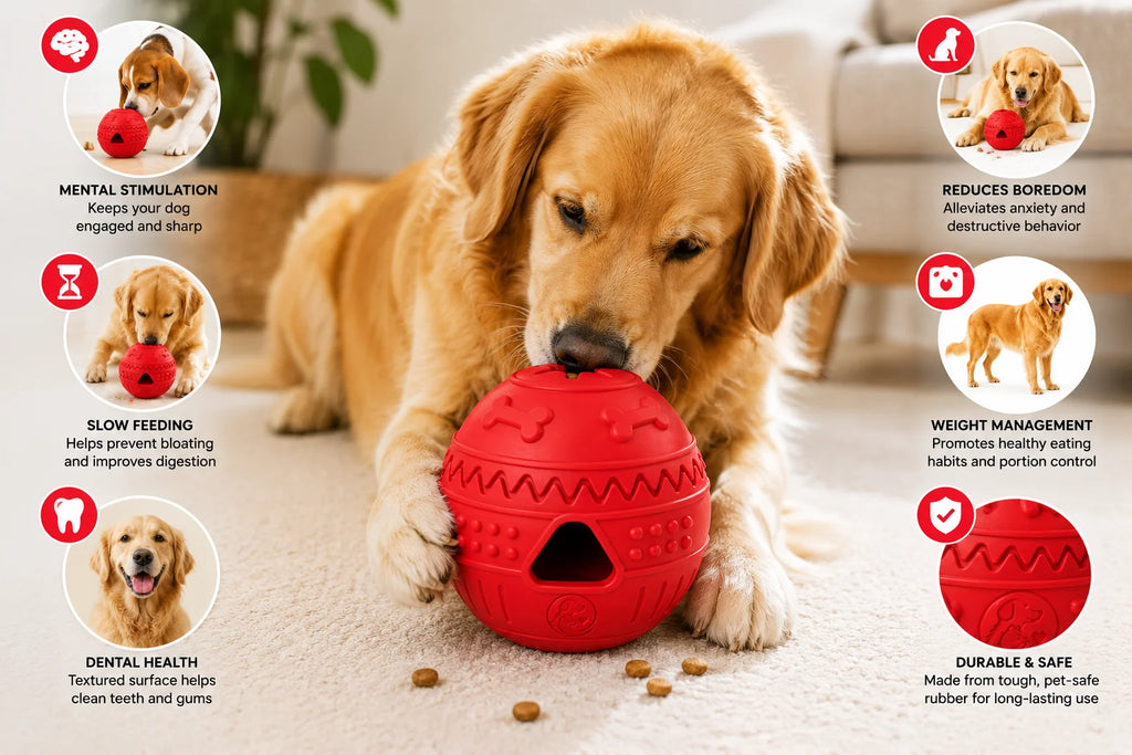 Golden retriever dog plays with red rubber puzzle toy on carpeted floor indoors