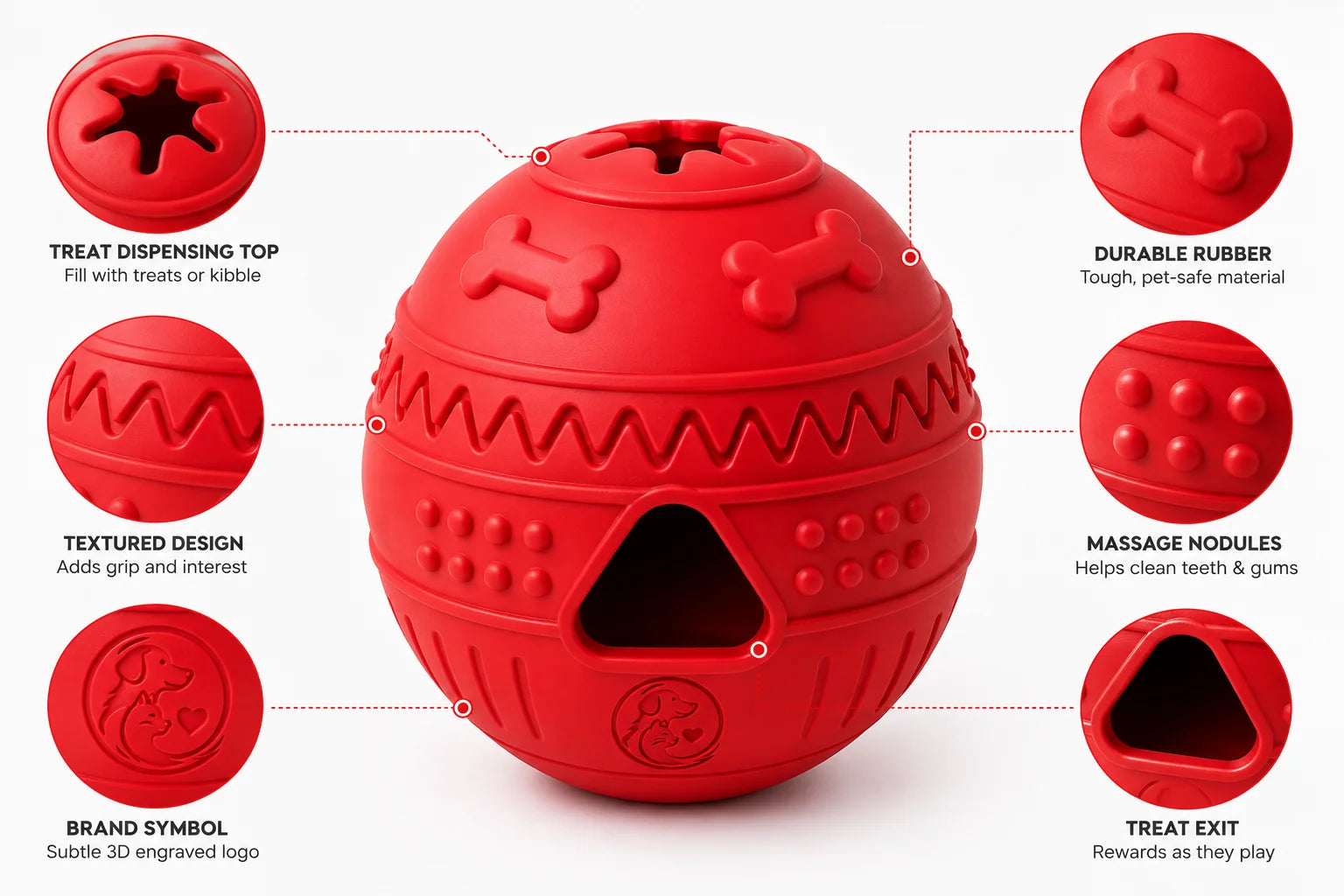 Red Interactive Dog Puzzle Toy with Treat Dispenser and Textured Design