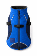 Blue dog vest with black buckles and reflective strips on white background