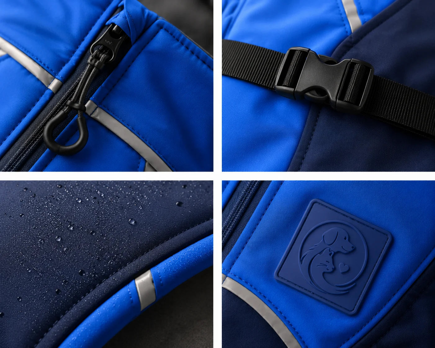 Close-up details of a blue waterproof backpack with black straps and zippers
