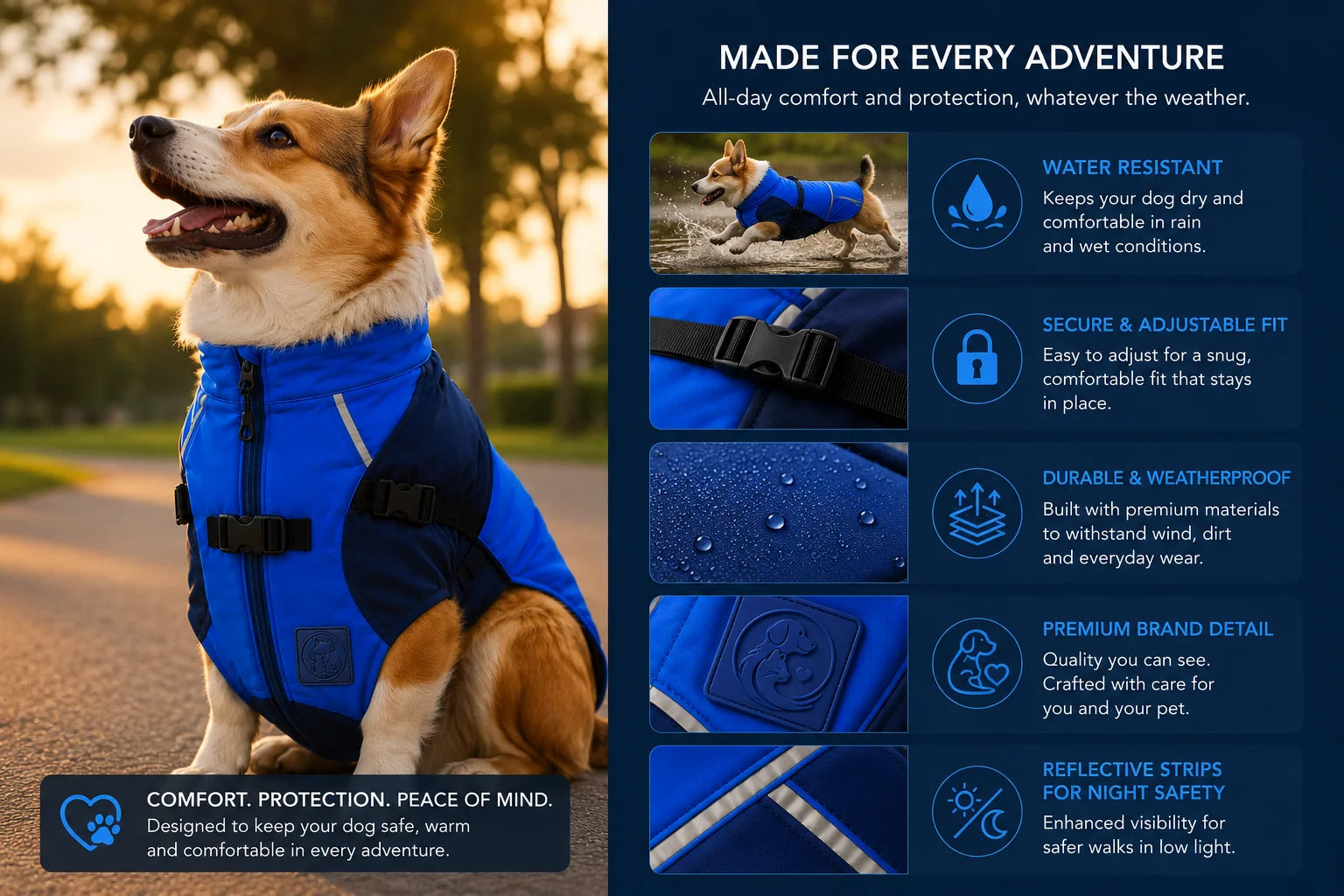 Corgi dog wearing blue and black outdoor gear on a walk in the park at sunset