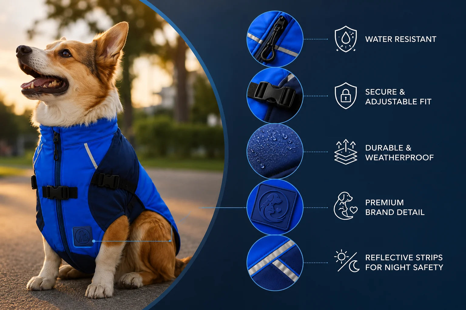 Corgi dog wearing blue and black waterproof jacket with reflective strips for night safety on