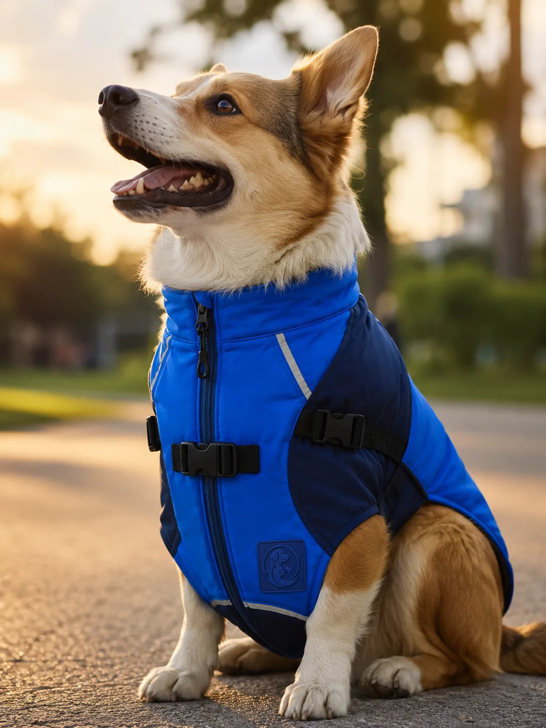 Corgi dog wearing blue life jacket on road at sunset with trees